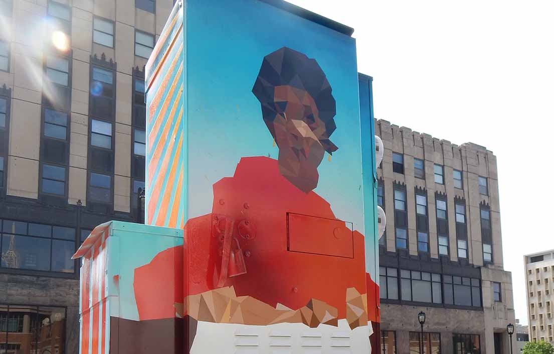 Vel Philips mural on a utility box in Milwaukee.