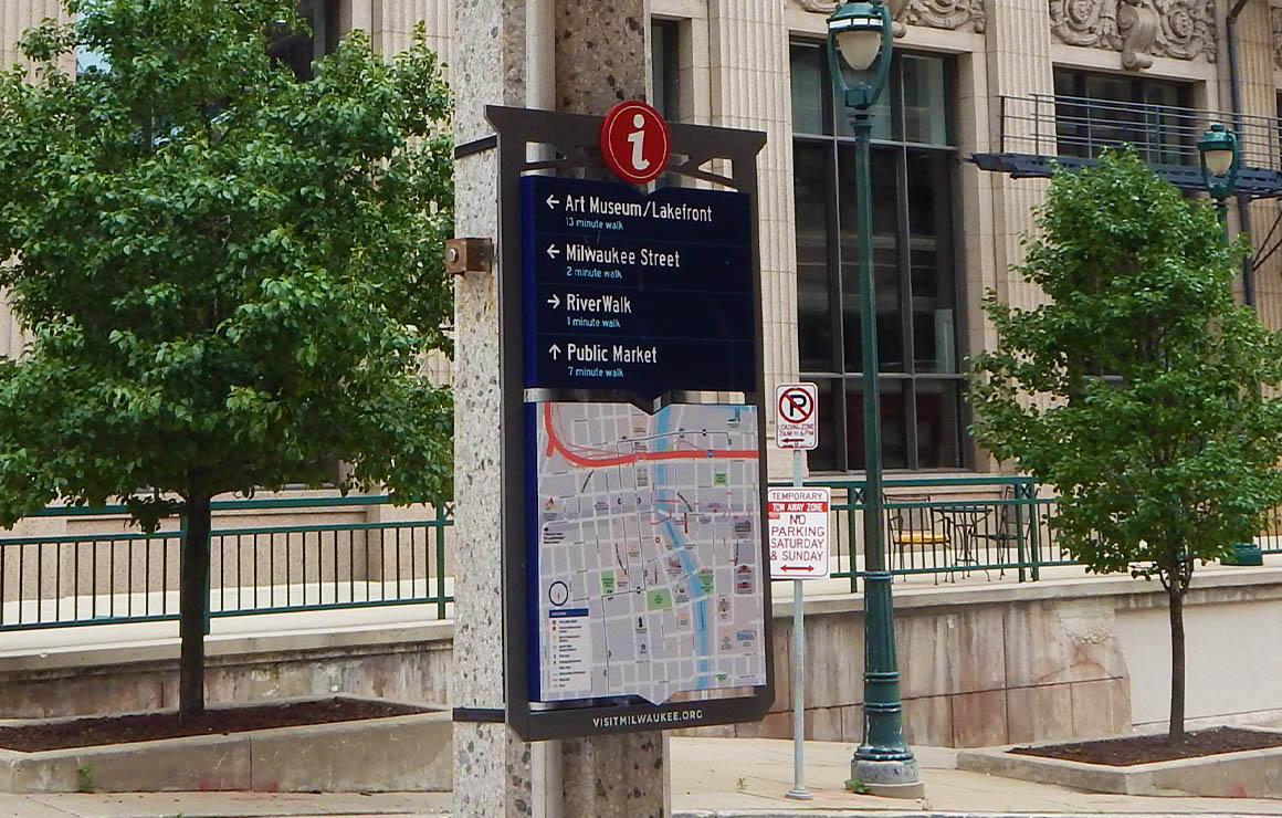 New wayfinding signage with a map in downtown Milwaukee.