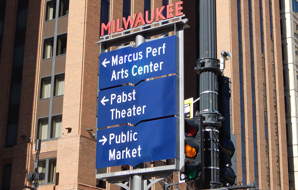A new street pole as part of the new wayfinding signage in downtown Milwaukee.