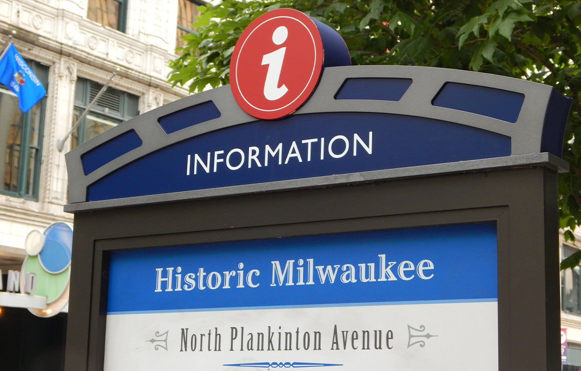 The top of the new wayfinding sign that shows the steel frame that references Milwaukee's history.