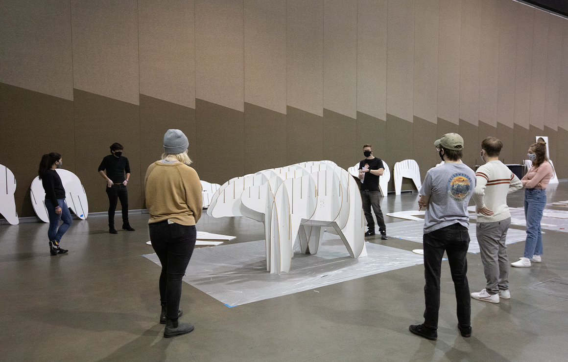 One fully constructed massimal in a warehouse.