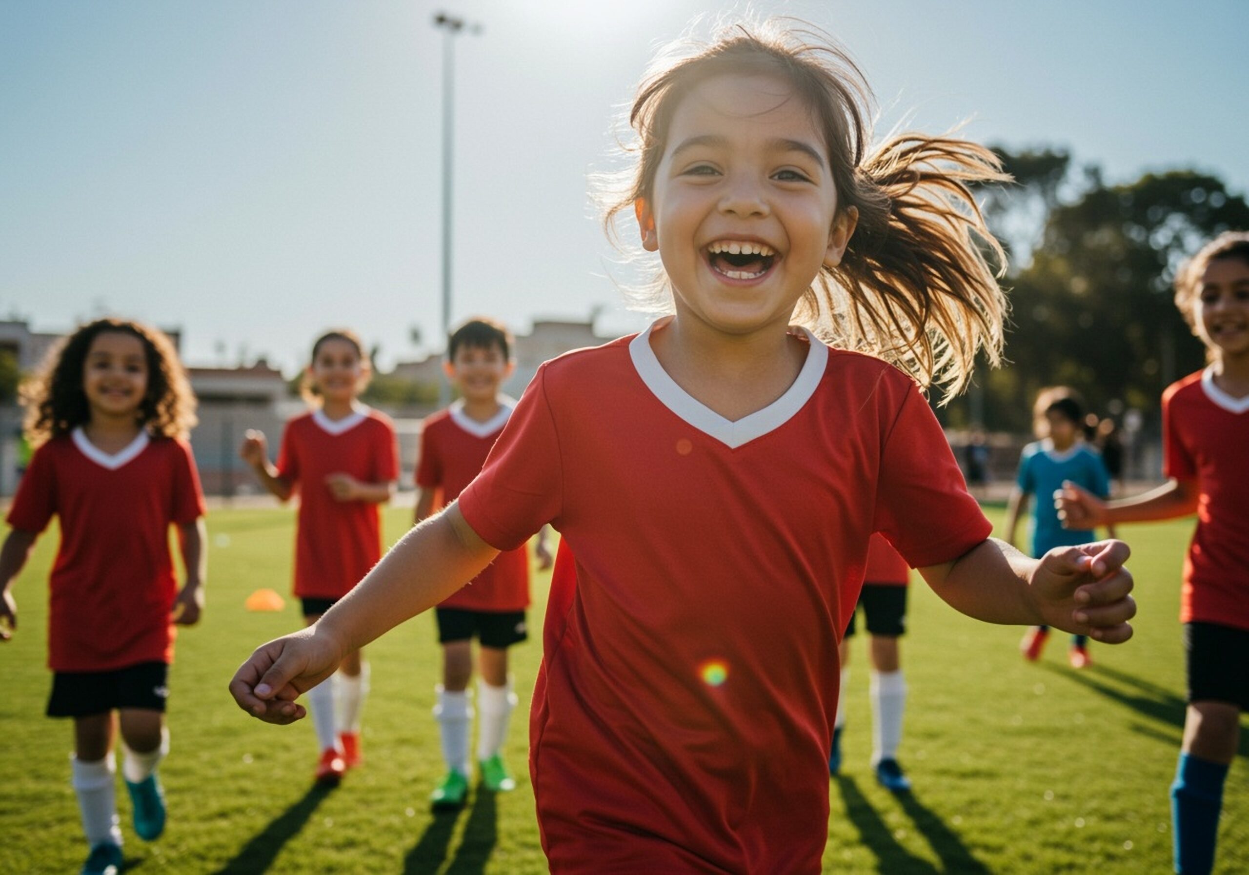 Kids in soccer uniforms on a field.