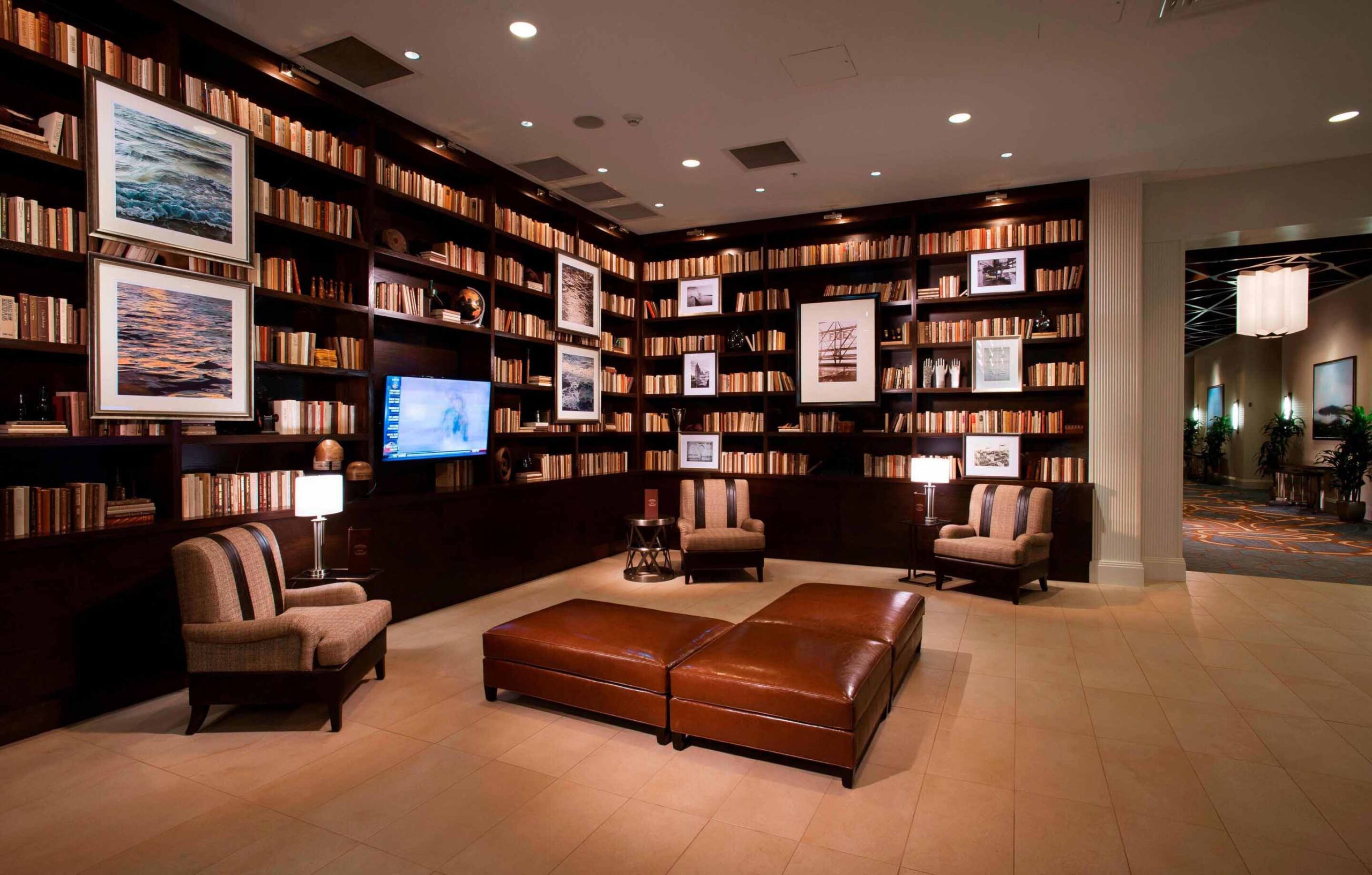 The Marriott lobby features floor to ceiling bookshelves.