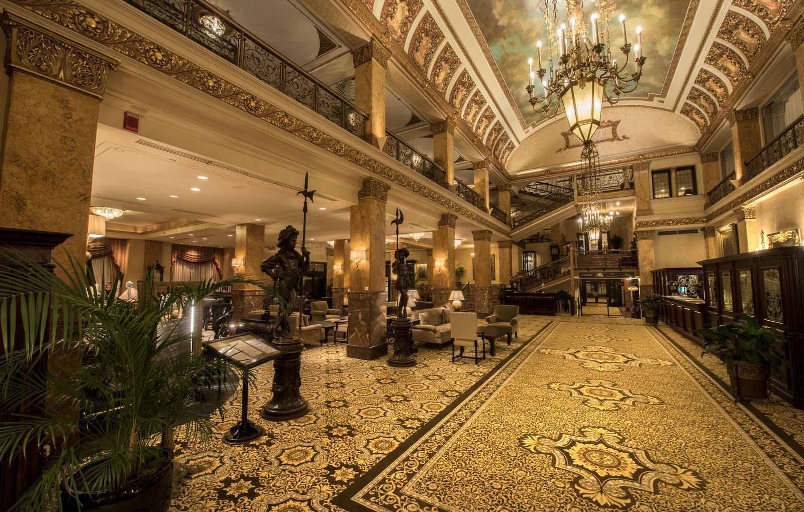 The lobby of the Pfister Hotel in Milwaukee.
