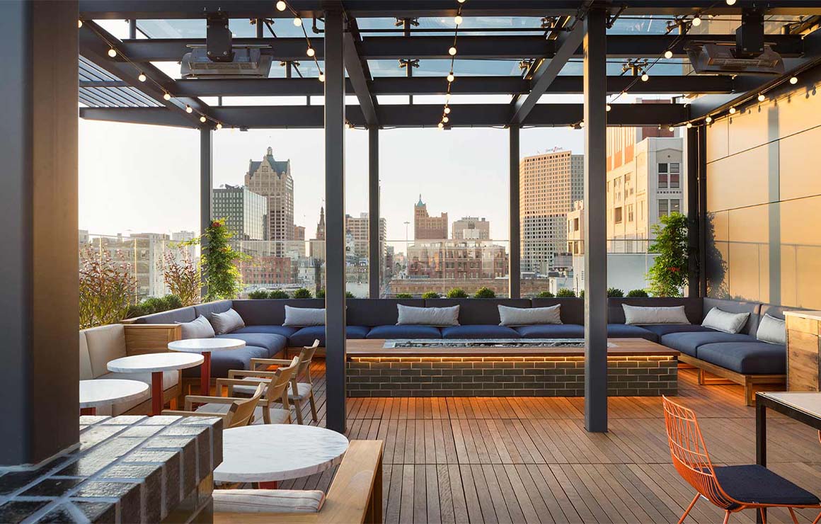 The rooftop bar of the Kimpton features beautiful views of downtown Milwaukee.