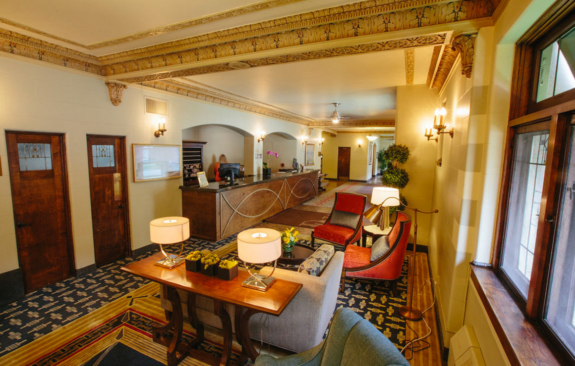 The lobby of the Plaza Hotel in Milwaukee.